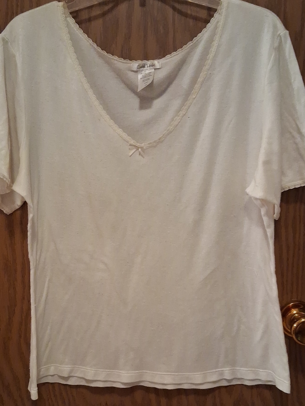 Cuddl Duds Cream V-Neck Lace Trim Short Sleeve Tee